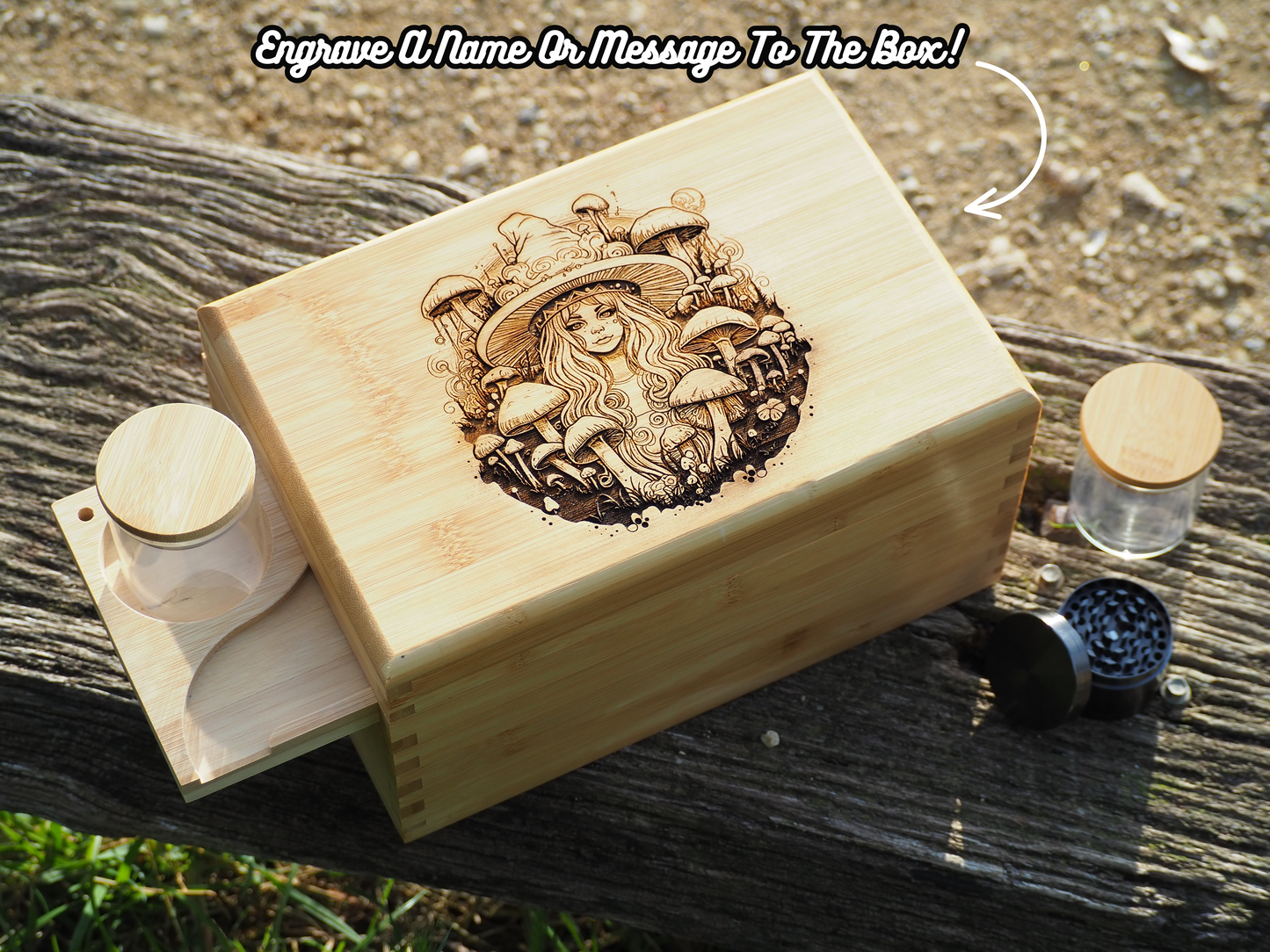 Custom Rolling Stash Box Kit, Real Wood Engraving, Mushroom Girl, Smoke Box Gift Set