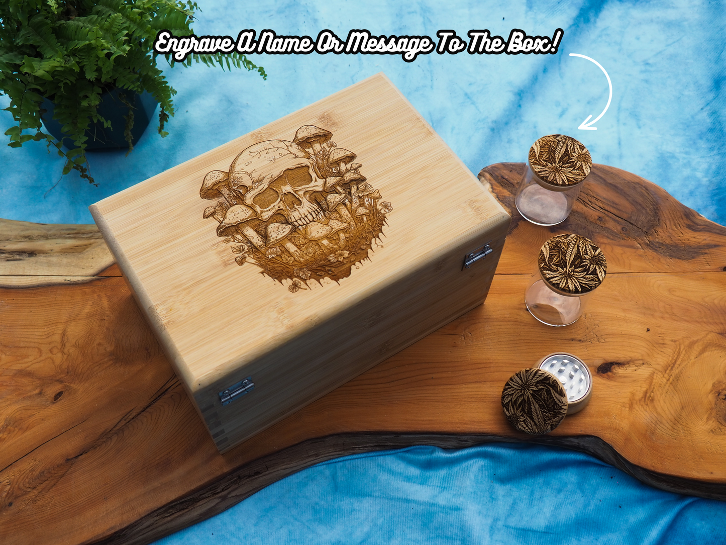 Custom Rolling Stash Box Kit, Real Wood Engraving, Shroom Skull, Smoke Box Gift Set