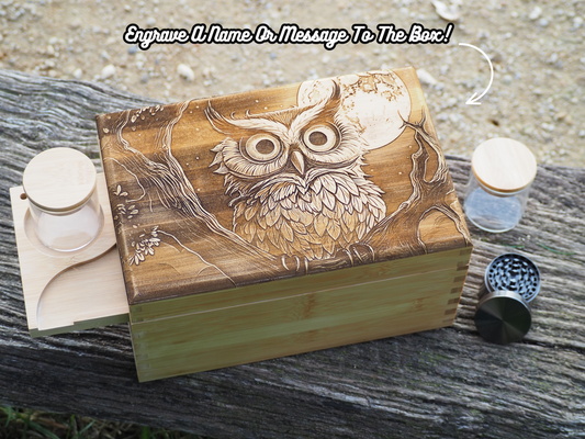 Custom Rolling Stash Box Kit, Real Wood Engraving, Night Owl, Smoke Box Gift Set