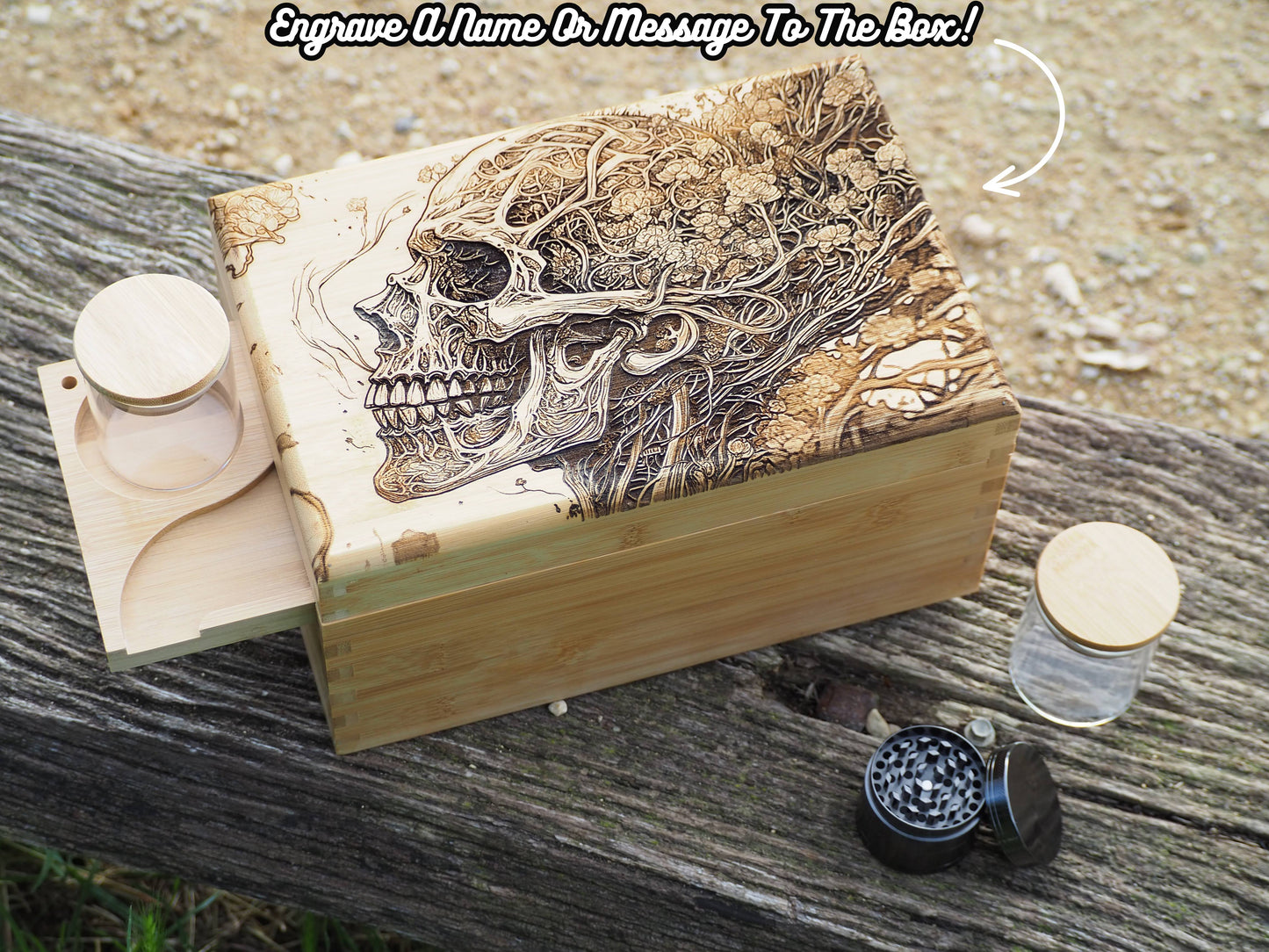 Personalised Custom Rolling Stash Box Kit. Real Wood Engraving, Breathing Skull, Smoke Box Gift Set