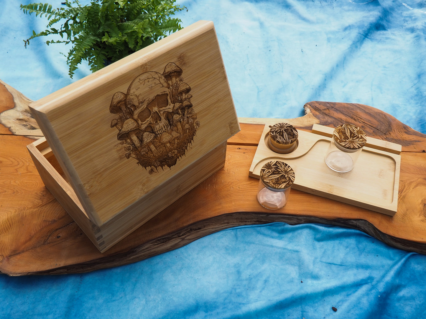 Custom Rolling Stash Box Kit, Real Wood Engraving, Shroom Skull, Smoke Box Gift Set